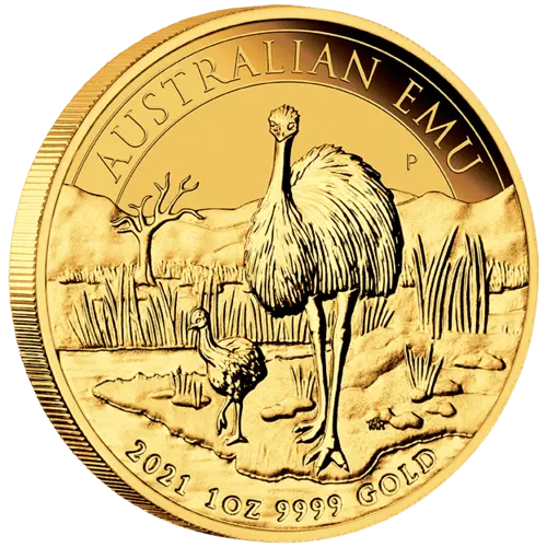 Seitenansicht Goldmünze 1 Unze Australien Emu 2021, der Hersteller Perth Mint Australia