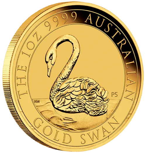 Seitenansicht Vorderseite Goldmünze 1 Unze Australien Schwan 2021, der Hersteller Perth Mint Australia