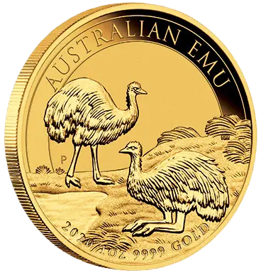 Seitenansicht Vorderseite Goldmünze 1 Unze Australien Emu 2020, der Hersteller Perth Mint Australia