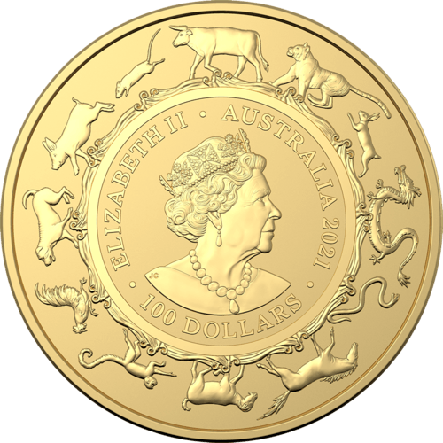 Rückseite Goldmünze 1 Unze Australien (RAM) Lunar II Ochse 2021, der Hersteller Royal Australian Mint