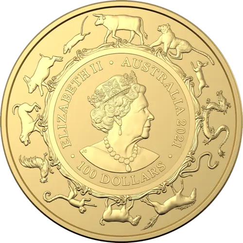 Rückseite Goldmünze 1 Unze Australien (RAM) Lunar II Ochse 2021, der Hersteller Royal Australian Mint