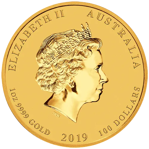 Rückseite Goldmünze 1 Unze Gold Lunar II Schwein 2019, der Hersteller Perth Mint Australia