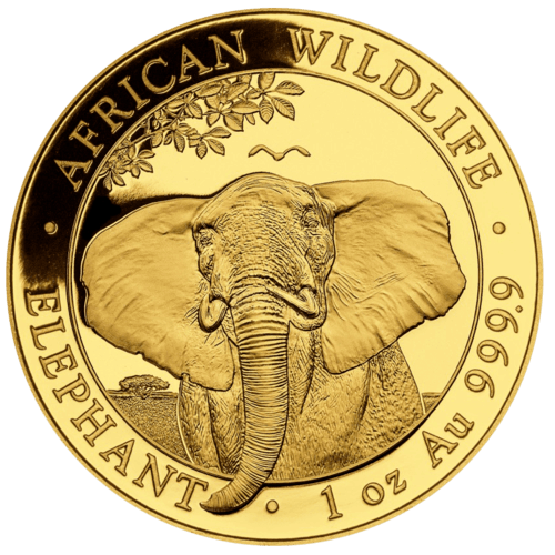 Vorderseite Goldmünze 1 Unze Somalia Elefant 2021, der Hersteller Bayerisches Hauptmünzamt