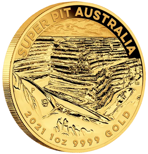 Seitenansicht Goldmünze 1 Unze Australien Super Pit 2021, der Hersteller Perth Mint Australia