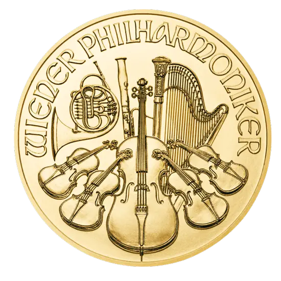 Vorderseite Goldmünze 1/4 Unze Wiener Philharmoniker 2022, der Hersteller Münze Österreich