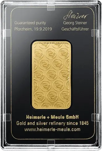 Rückseite Goldbarren 1 Unze in durchsichtigem Original Plastikblister eingeschweißt, der Hersteller Heimerle & Meule