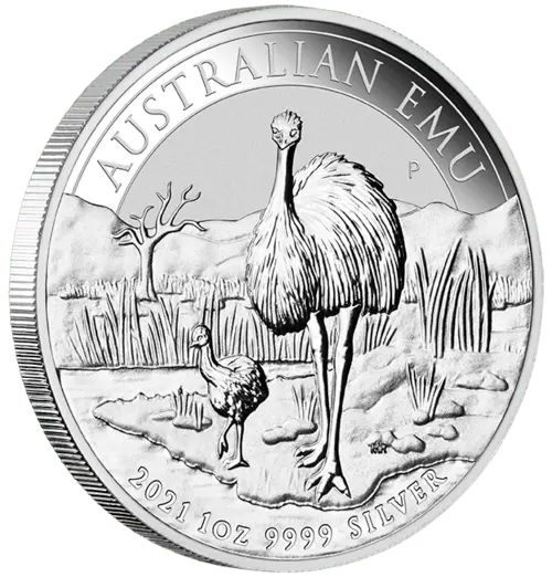 Vorderseite und Rand der 1 Unze Silber Australien Emu 2021 von Hersteller Perth Mint