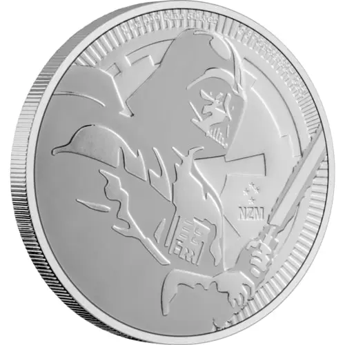 Vorderseite und Rand 1 Unze Silber Star Wars Darth Vader 2020 von Hersteller New Zealand Mint