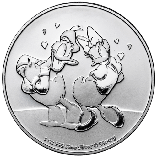 Vorderseite der 1 Unze Silber Niue Disney Donald & Daisy 2021 von Hersteller New Zealand Mint
