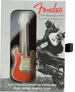 1 Unze Silber Fender Stratocaster Fiesta Red 2022 Verpackung - Polierte Platte