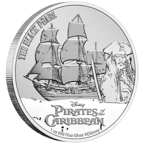 Vorderseite und Rand der 1 Unze Silber Disney Fluch der Karibik Black Pearl 2021 von Hersteller New Zealand Mint