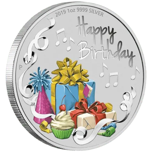 Vorderseite und Rand 1 Unze Silber Happy Birthday 2019 von Hersteller Perth Mint