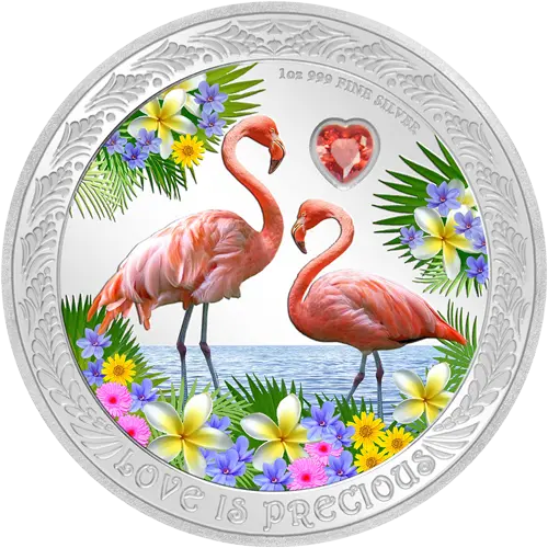 Vorderseite der 1 Unze Silber Love is Precious Flamingo 2021 - Polierte Platte von Hersteller New Zealand Mint