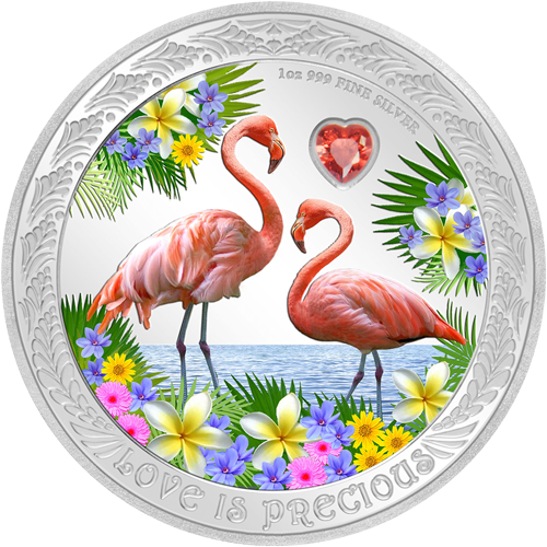 Vorderseite der 1 Unze Silber Love is Precious Flamingo 2021 - Polierte Platte von Hersteller New Zealand Mint