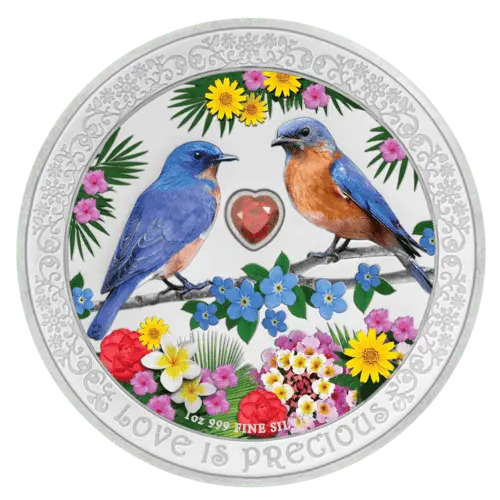 Vorderseite der 1 Unze Silber Love is Precious Bluebirds von Hersteller New Zealand Mint