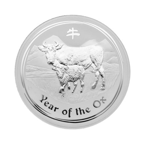 Vorderseite und Rand der 1 Unze Silber Lunar III Ochse 2021 von Hersteller Perth Mint