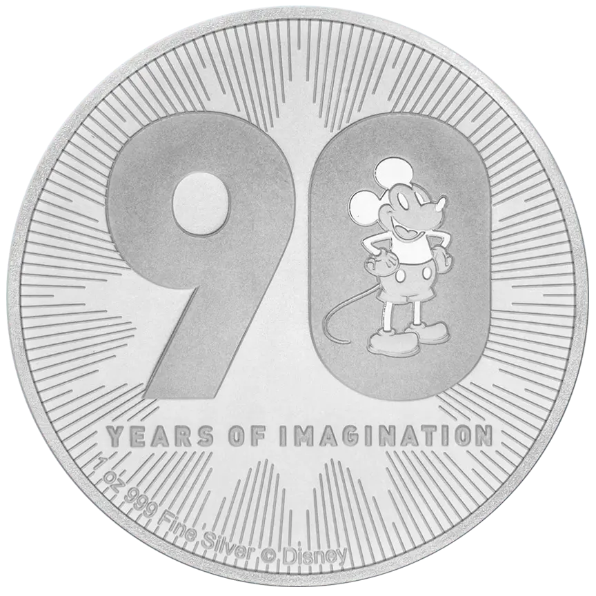 Vorderseite 1 Unze Silber Disney Mickey Mouse 90. Geburtstag 2018, von dem Hersteller New Zealand Mint