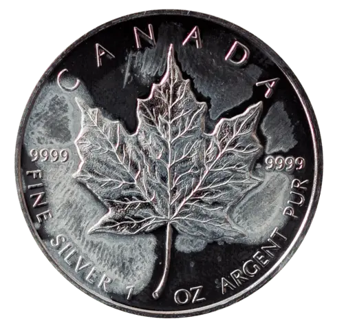 Vorderseite der 1 Unze Silber Maple Leaf angelaufen von Hersteller Royal Canadian Mint