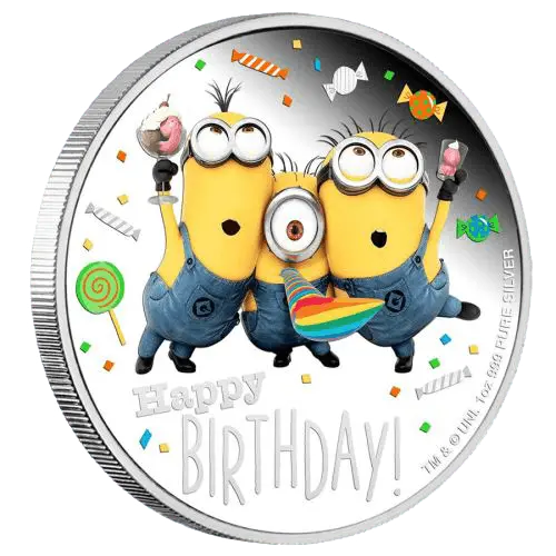 Vorderseite der 1 Unze Silber Minions Happy Birthday 2019 - Polierte Platte von Hersteller Perth Mint