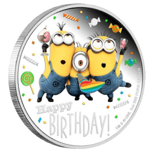 Vorderseite und Rand der 1 Unze Silber Minions Happy Birthday 2019 - Polierte Platte von Hersteller Perth Mint