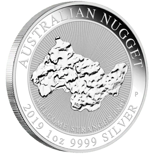 Vorderseite und Rand der 1 Unze Silber Australian Nugget Welcome Stranger 2019 von Hersteller Perth Mint