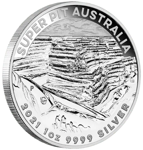 Vorderseite und Rand der 1 Unze Silber Australien Super Pit 2021 von Hersteller Perth Mint