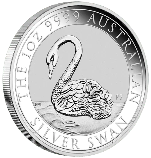 Vorderseite und Rand der 1 Unze Silber Australien Schwan 2021 von Hersteller Perth Mint