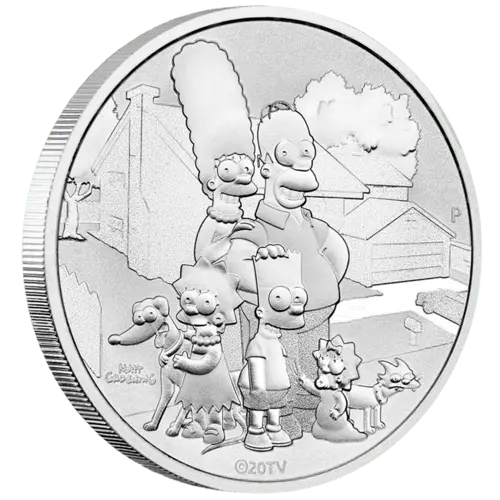 Vorderseite und Rand der 1 Unze Silber The Simpsons Familie 2021 von Hersteller Perth Mint