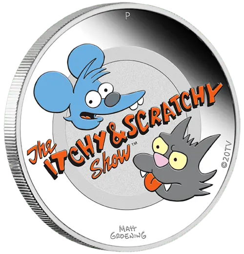 Vorderseite und Rand der 1 Unze Silber The Simpsons Itchy & Scratchy 2021 - Polierte Platte von Hersteller Perth Mint