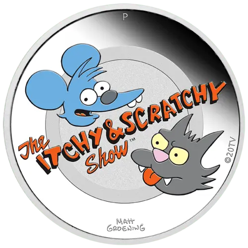 Vorderseite der 1 Unze Silber The Simpsons Itchy & Scratchy 2021 - Polierte Platte von Hersteller Perth Mint