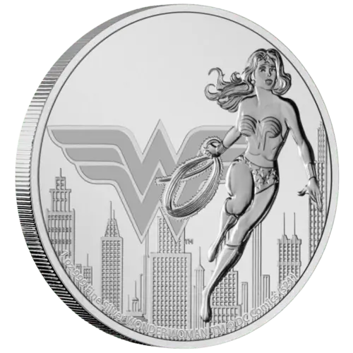 Vorderseite und Rand der 1 Unze Silber Niue DC Comics Wonder Woman 2021 von Hersteller New Zealand Mint