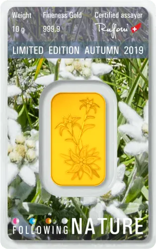 Rückseite Goldbarren Following Nature Limited Edition Autumn 2019 10 Gramm, der Hersteller Argor-Heraeus