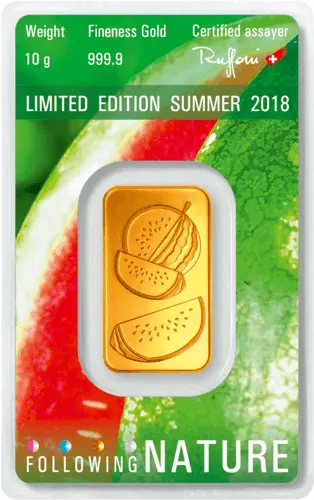 Rückseite Goldbarren Following Nature Limited Edition Summer 2018 10 Gramm, der Hersteller Argor-Heraeus