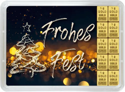 Vorderseite Geschenkgoldbarren Frohes Fest 10x1 Gramm, der Hersteller Valcambi