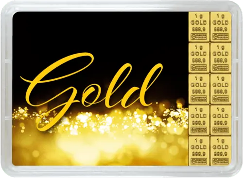 Vorderseite Geschenkgoldbarren Gold statt Geld 10x1 Gramm, der Hersteller Valcambi