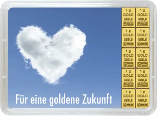 Vorderseite Geschenkgoldbarren Für eine goldene Zukunft 10x1 Gramm, der Hersteller Valcambi