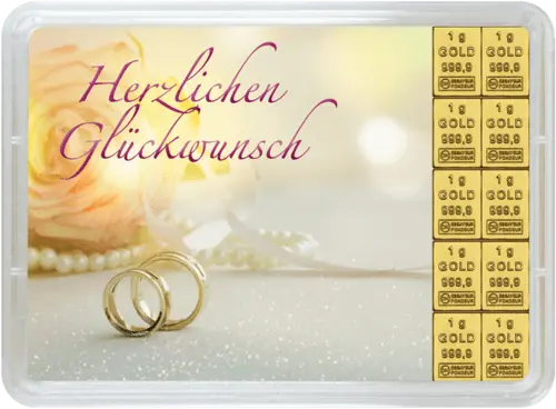 Vorderseite Geschenkgoldbarren Glückwunsch zur Hochzeit 10x1 Gramm, der Hersteller Valcambi