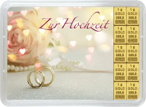 Vorderseite Geschenkgoldbarren Glückwunsch zur Hochzeit 10x1 Gramm, der Hersteller Valcambi