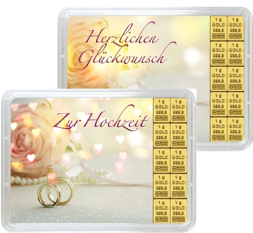 Vorderseite 2 Geschenkgoldbarren Glückwunsch zur Hochzeit 10x1 Gramm, der Hersteller Valcambi