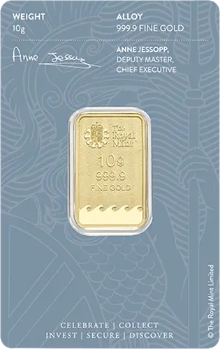 Rückseite Goldbarren Britannia 10 g in spezieller Blisterkarte mit Zertifikat, der Hersteller Royal Mint