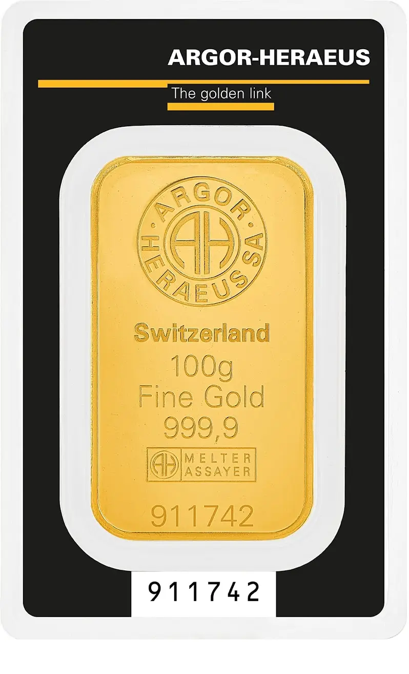 Vorderseite der 100 gram Goldbarren von Argor-Heraeus