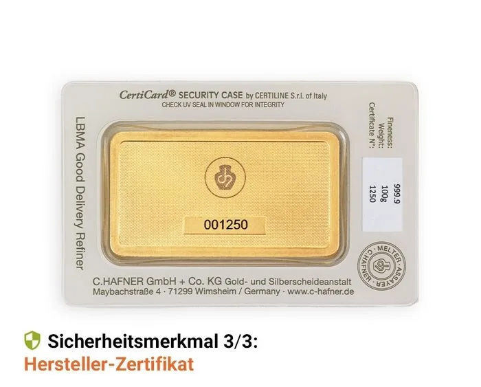 100 g Goldbarren C. Hafner Hersteller Zertifikat