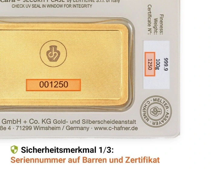 100 g Goldbarren C. Hafner Seriennummer 