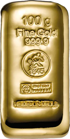 Vorderseite Goldbarren 100 Gramm, der Hersteller Heimerle & Meule