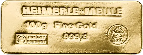 Vorderseite Goldbarren 100 Gramm, der Hersteller Heimerle & Meule