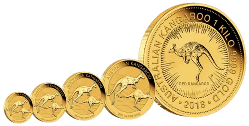 Vorderseite von der Gruppe der Goldmünzen 1/4 Unze Australien Känguru 2018, der Hersteller Perth Mint Australia