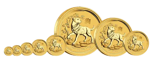 Vorderseite von der Gruppe der Goldmünzen 1 Unze Lunar II Hund 2018, der Hersteller Perth Mint Australia