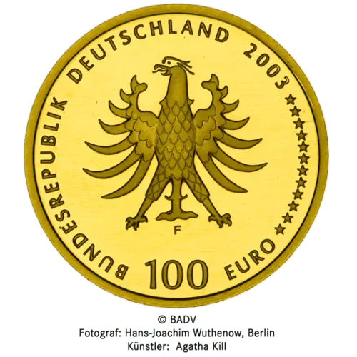 Rückseite Goldmünze 1/2 Unze 100 Euro Deutschland 2003 UNESCO Welterbe - Quedlinburg, der Hersteller Div. dt. Prägeanstalten