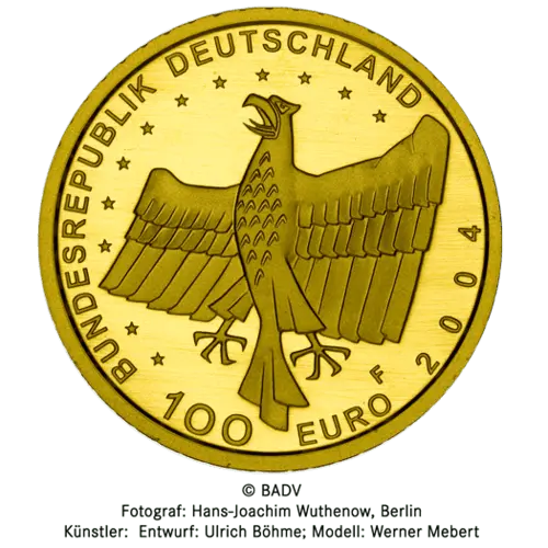 Rückseite Goldmünze 1/2 Unze 100 Euro Deutschland 2004 UNESCO Welterbe - Bamberg, der Hersteller Div. dt. Prägeanstalten