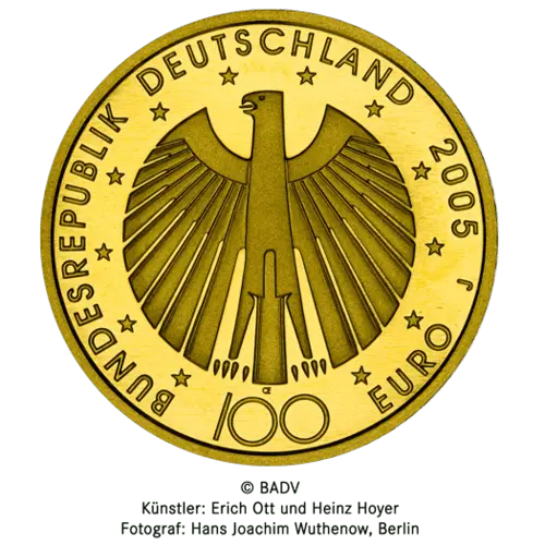 Rückseite Goldmünze 1/2 Unze 100 Euro Deutschland 2005 FIFA WM Deutschland, der Hersteller Div. dt. Prägeanstalten